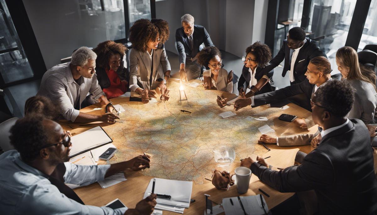 An image depicting a group of diverse individuals working together in a collaborative environment.