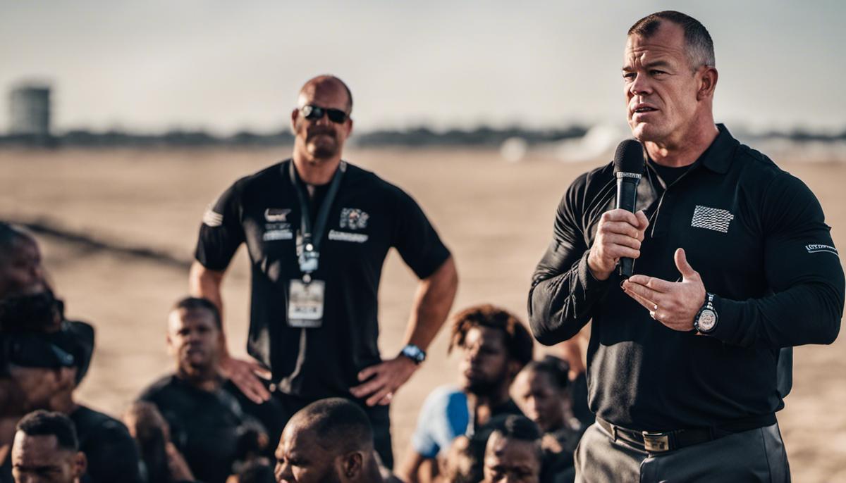 Jocko Willink providing leadership guidance to a group of people