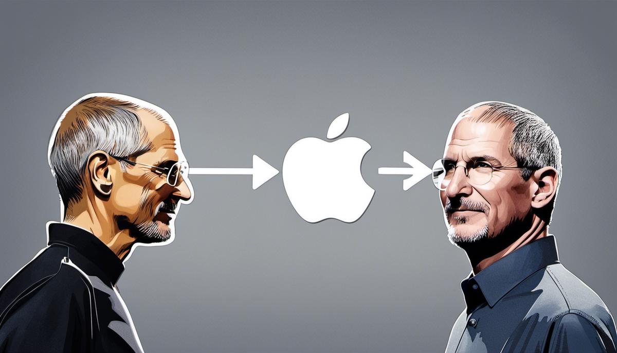 Image showing a successful leadership transition from Steve Jobs to Tim Cook with a visual representation of Apple's logo and both leaders side by side, symbolizing the continuation of Apple's success under Cook's leadership.