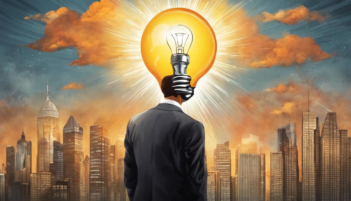 Illustration of a businessman with a lightbulb above his head representing the concept of inspiration in business leadership