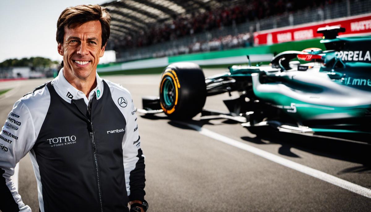 A photograph of Toto Wolff, CEO and Team Principal of Mercedes-AMG Petronas Formula One Team, standing on a racetrack with a race car in the background.