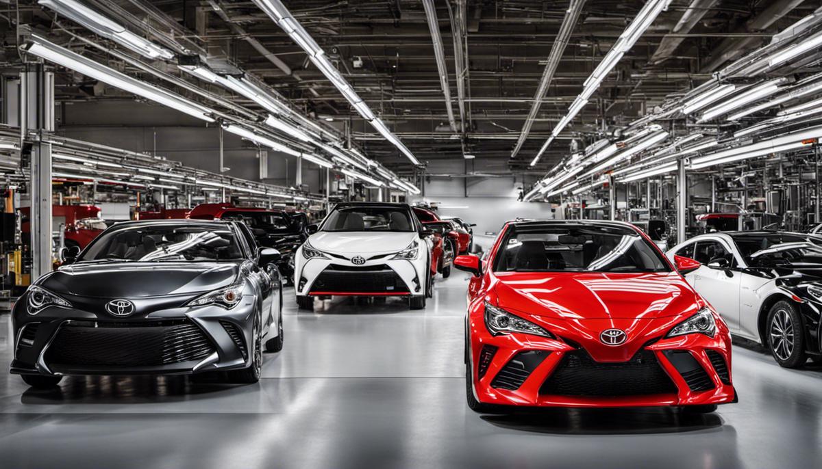 An image showing the impact of Toyota's quality and production processes on the automotive industry, with various Toyota vehicles and the Toyota logo.
