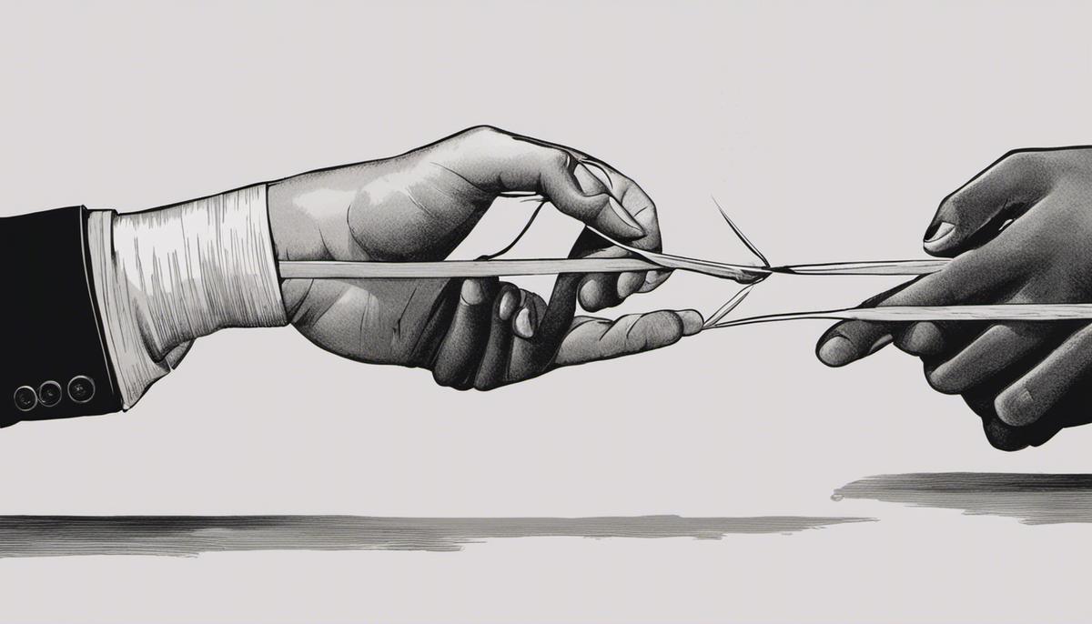 Illustration of two people trying to communicate but with a broken line between them, symbolizing broken trust.