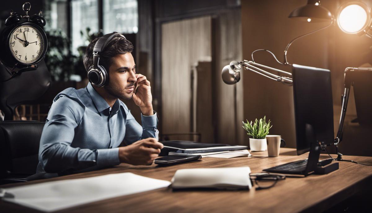 Image depicting the challenges faced in active listening in leadership, showcasing a person multitasking, headphones symbolizing personal bias, and a clock representing rushed communication.
