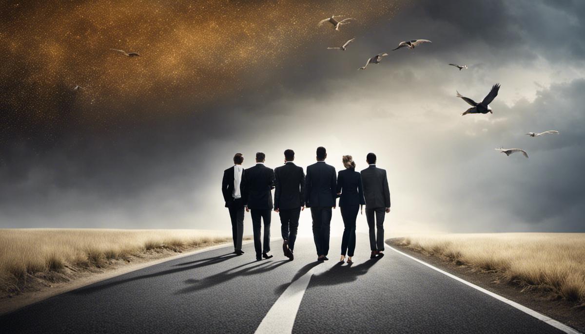 A conceptual image showing a group of people walking on a road, representing the journey of agile leadership in businesses.