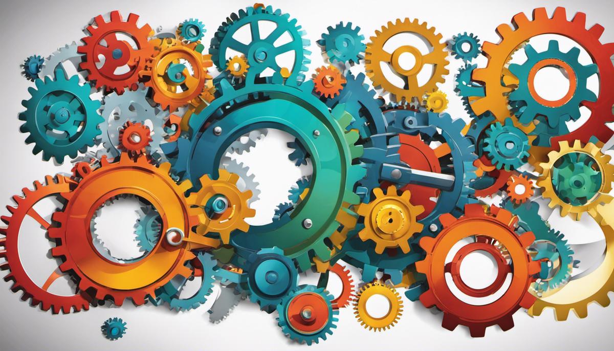 Illustration of Agile Methodology with different colored interconnected gears symbolizing collaboration and adaptability