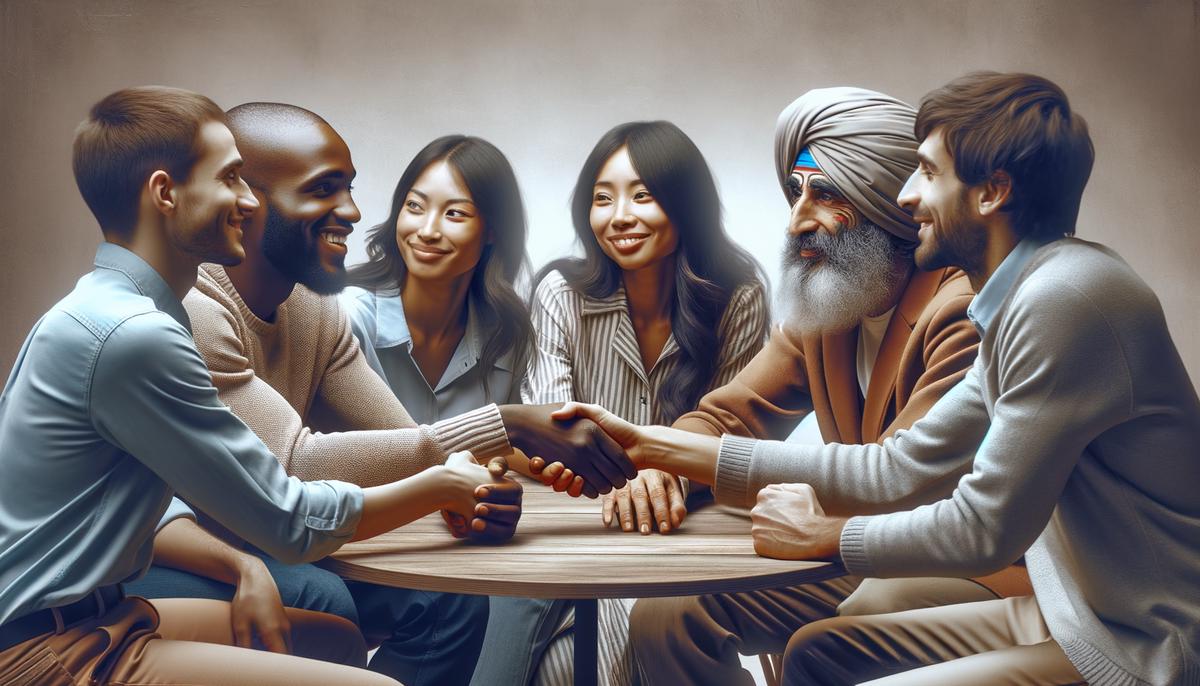 a diverse group of people having a conversation and shaking hands