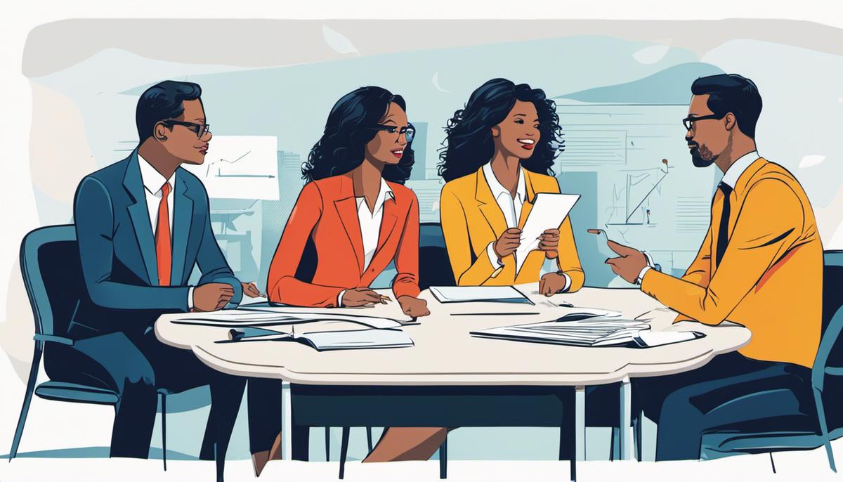Illustration of a diverse team engaged in a meeting, with a focus on effective communication and leadership