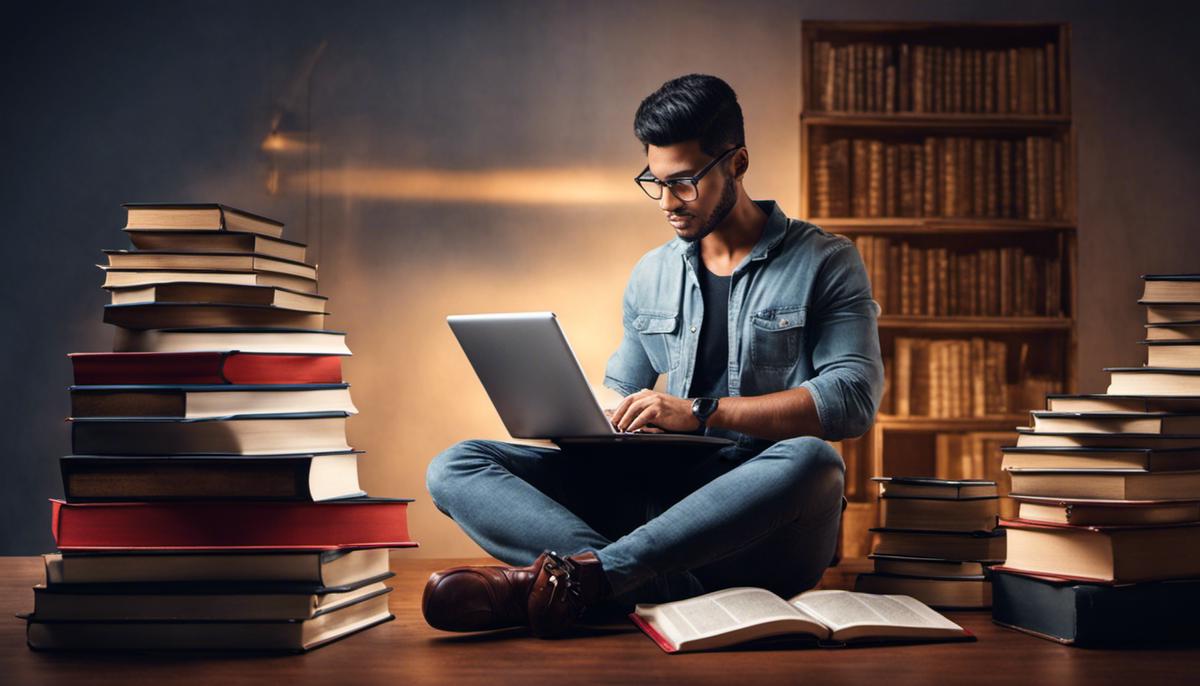 An image depicting a person studying with books and a laptop to represent the concept of complementing MBA books with online lecture videos.
