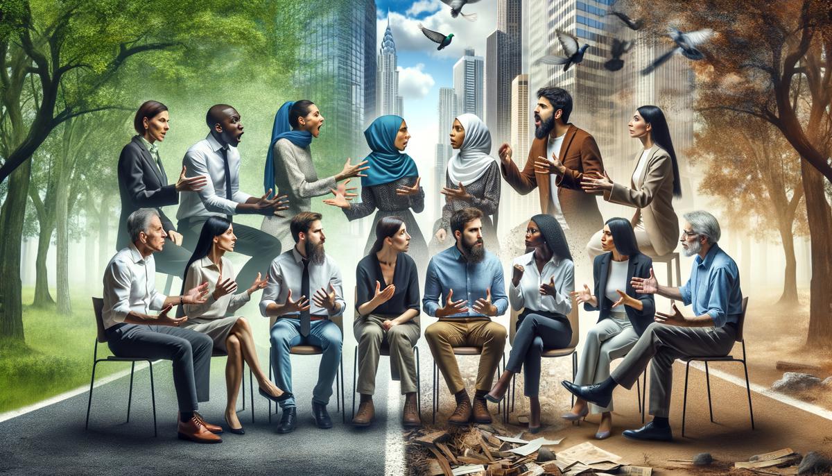 An image of a diverse group of people having a discussion, representing conflict resolution strategies being applied in different environments