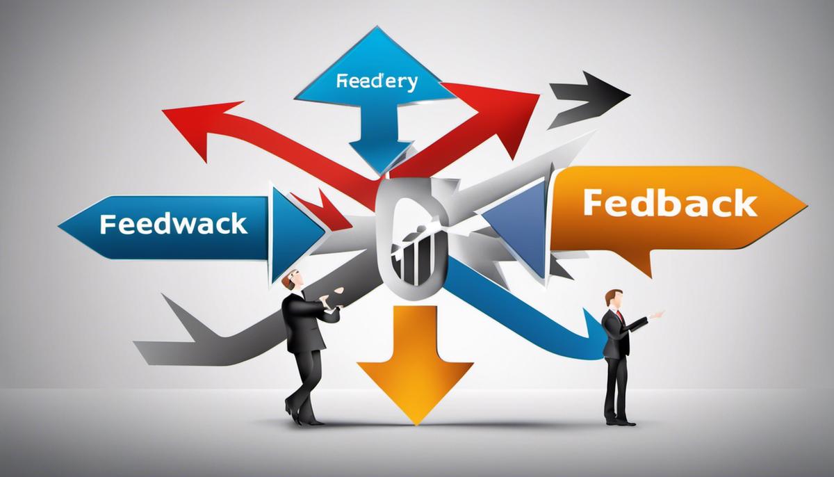 Image illustrating the concept of constructive feedback with arrows going from a team member to a leader, symbolizing the exchange of feedback for improvement.