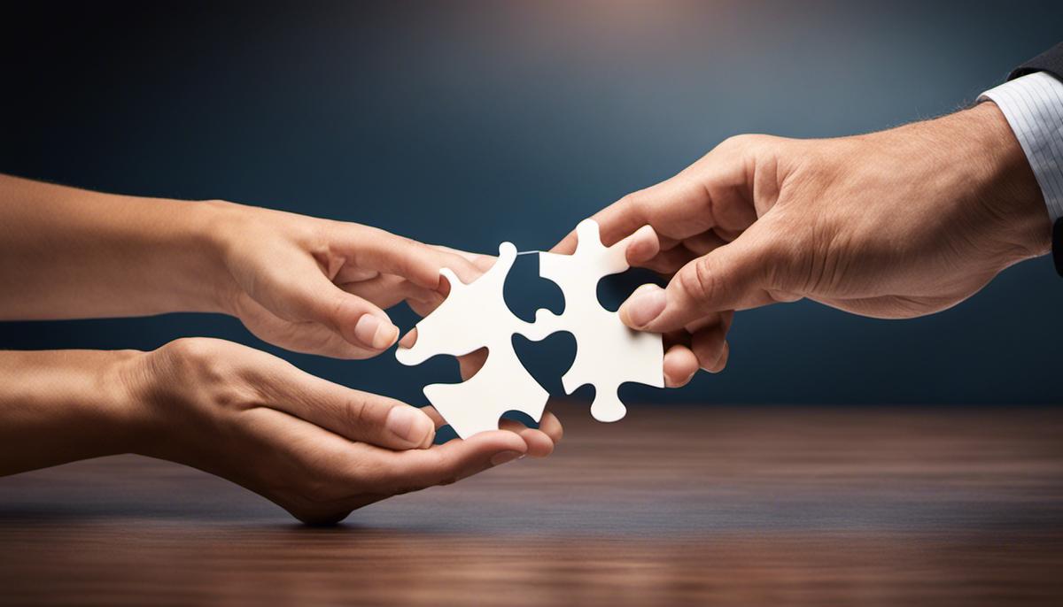 A hand holding a puzzle piece, representing the efficiency of democratic leadership in teamwork