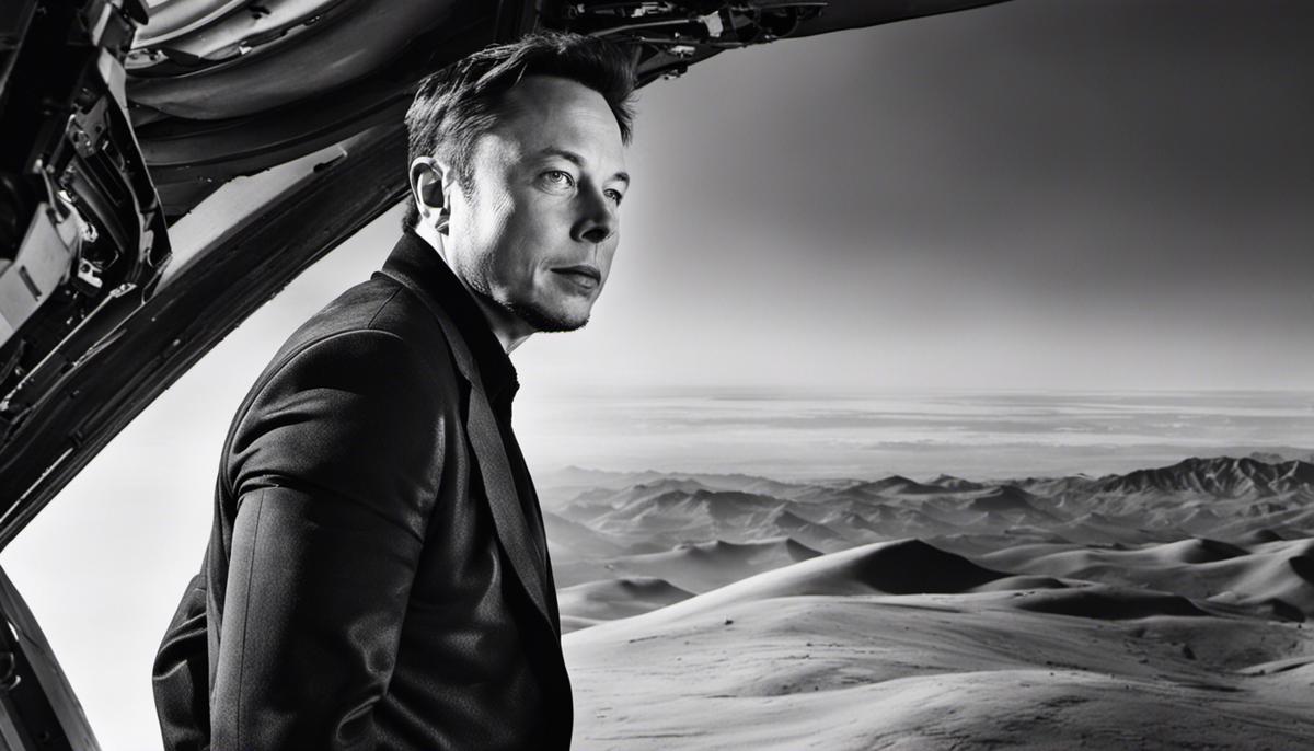 A black and white image of Elon Musk looking into the distance, highlighting his visionary leadership
