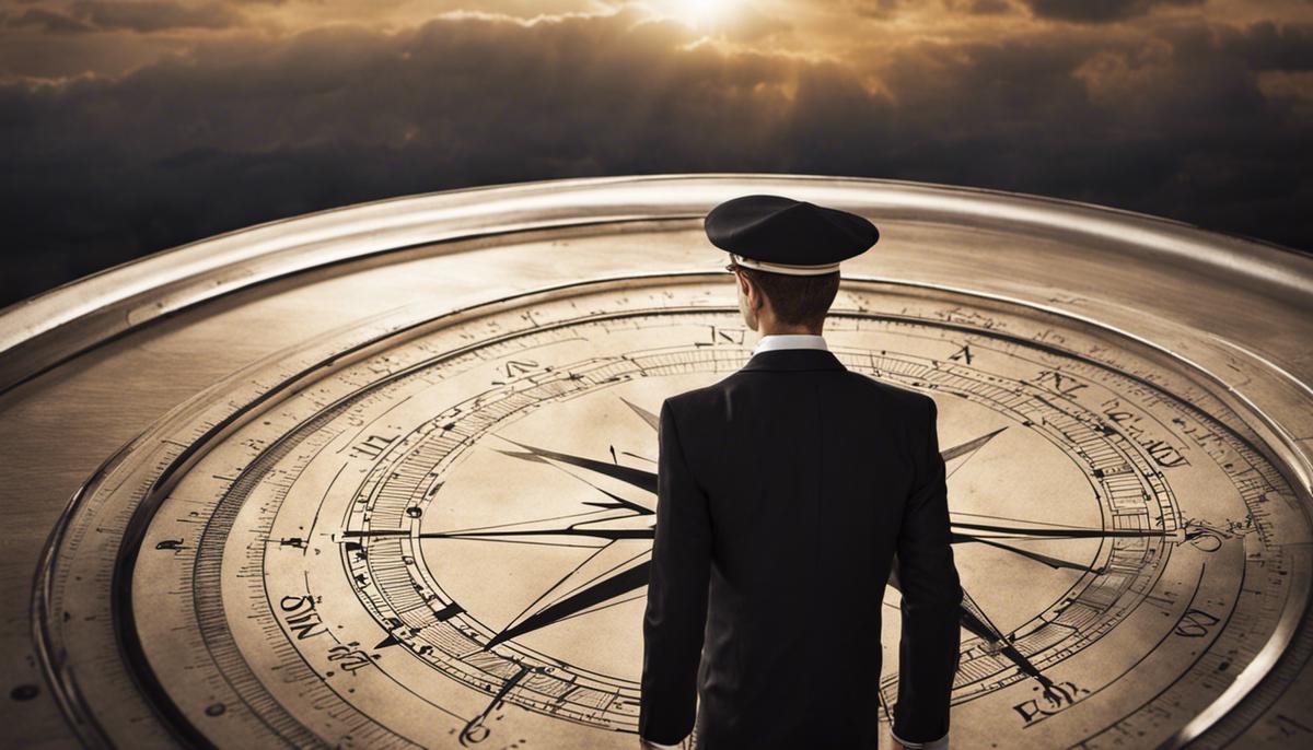 An image depicting a person standing at the center of a compass, representing ethical leadership in business.