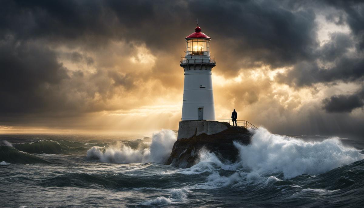 An image of a person standing on top of a lighthouse, shining light over a stormy sea.