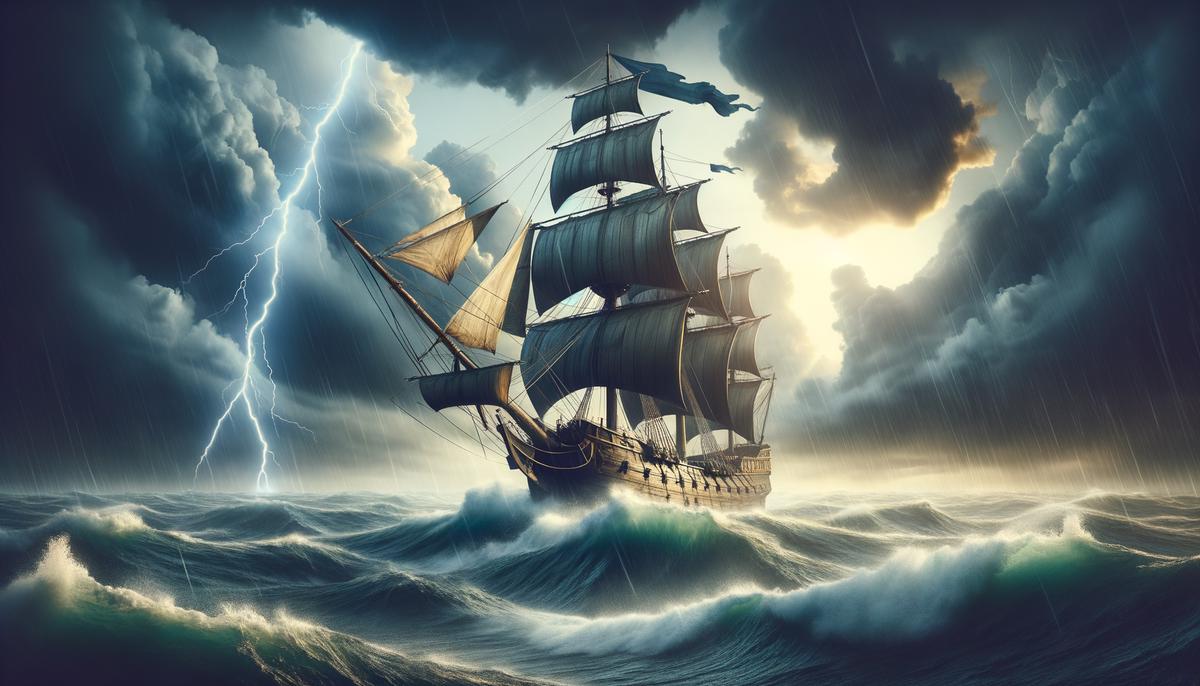 A symbol of a ship navigating through stormy seas, representing the challenges and evolution of leadership in today's world