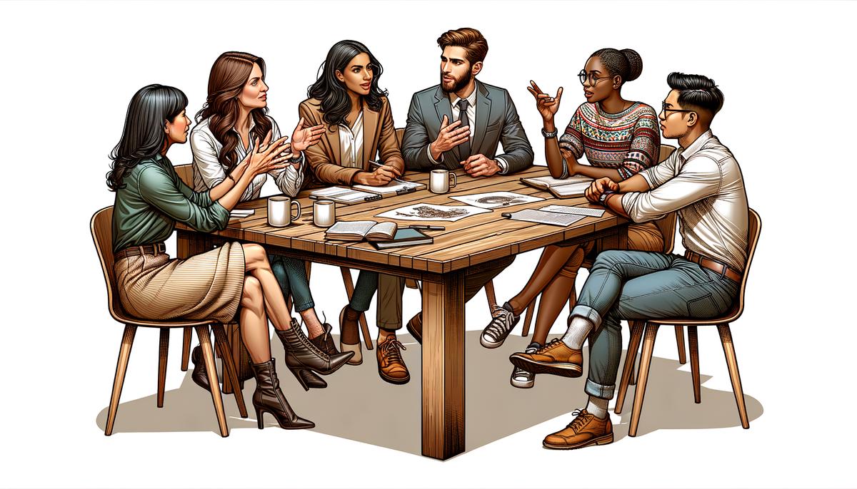 Illustration of people having a discussion at a table