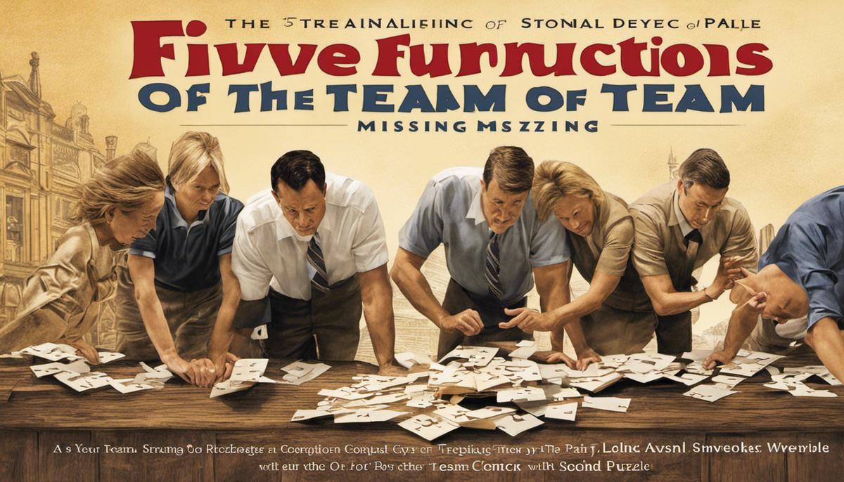 Book cover of The Five Dysfunctions of a Team by Patrick Lencioni, depicting a team puzzle with missing pieces