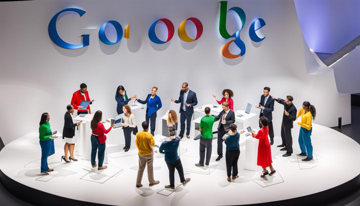 A diverse group of people working together in a collaborative environment, symbolizing Google's team-oriented approach and valuing collaborative creativity.