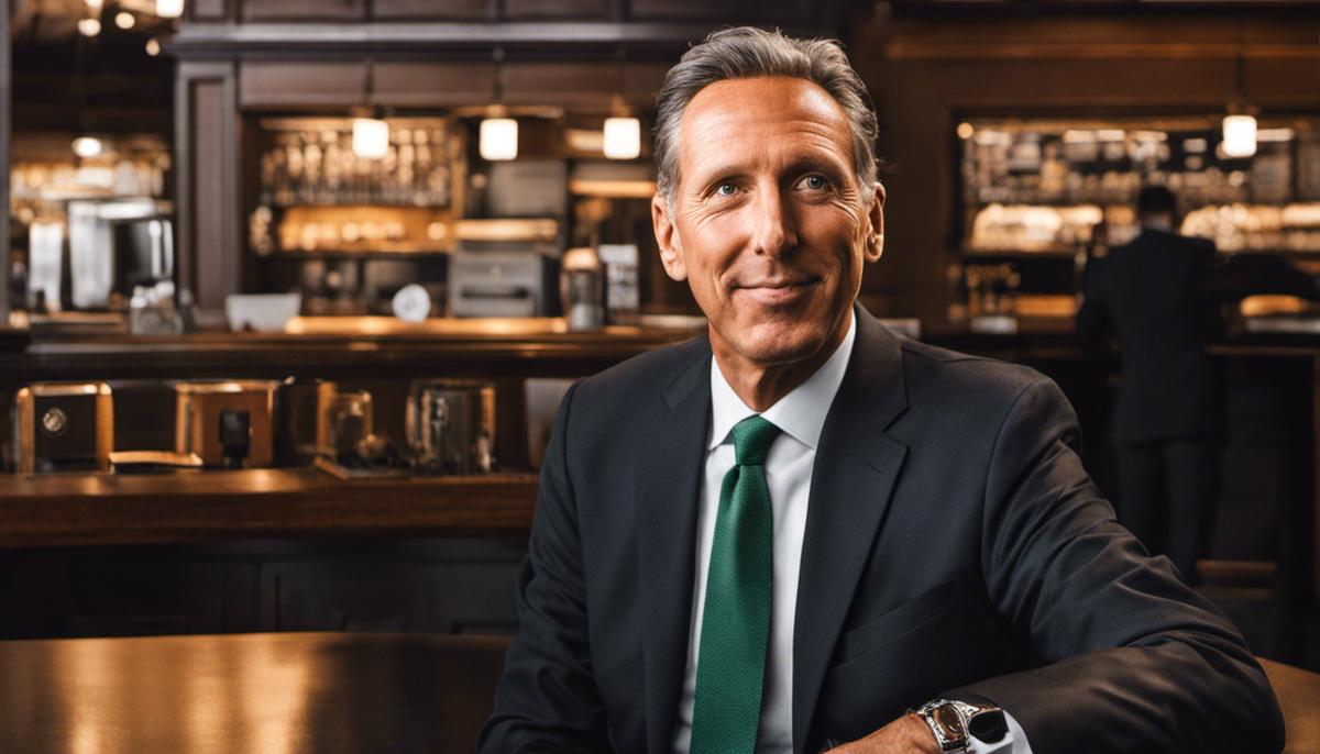 A portrait of Howard Schultz, former CEO of Starbucks, with a confident expression.