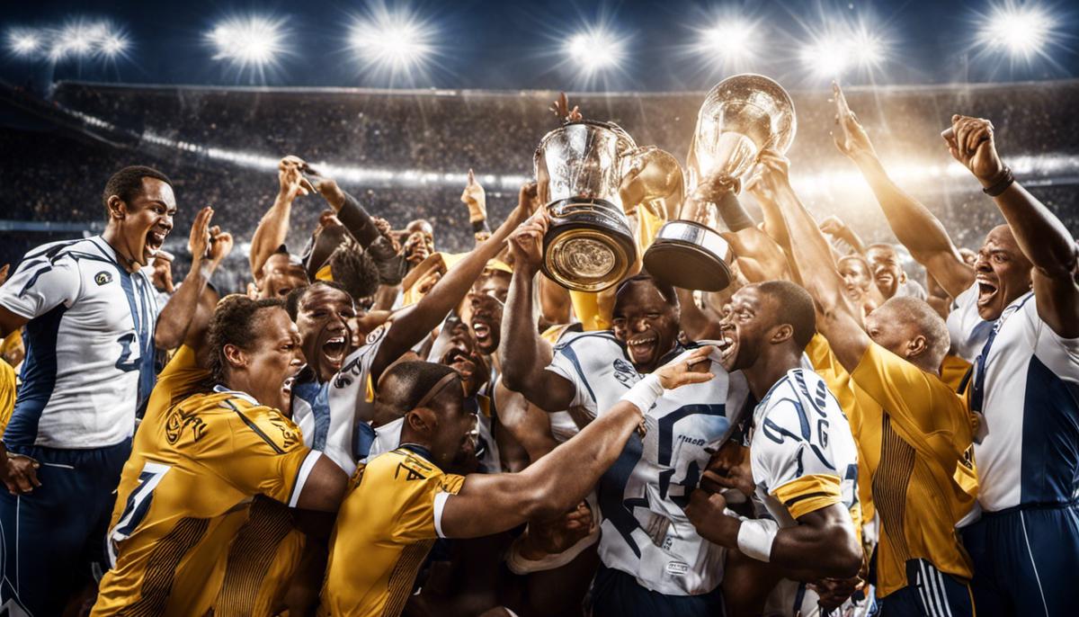 An image showing successful athletes in a team celebrating their victory.