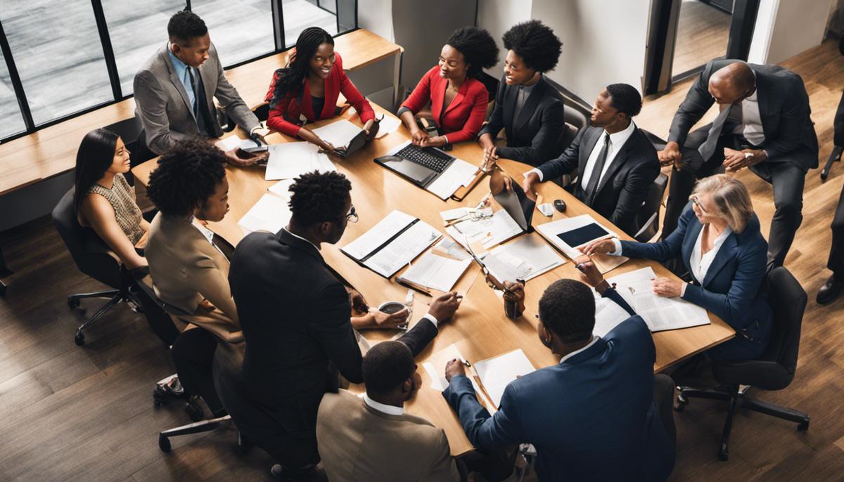 An image depicting a group of diverse individuals collaborating in a professional setting.