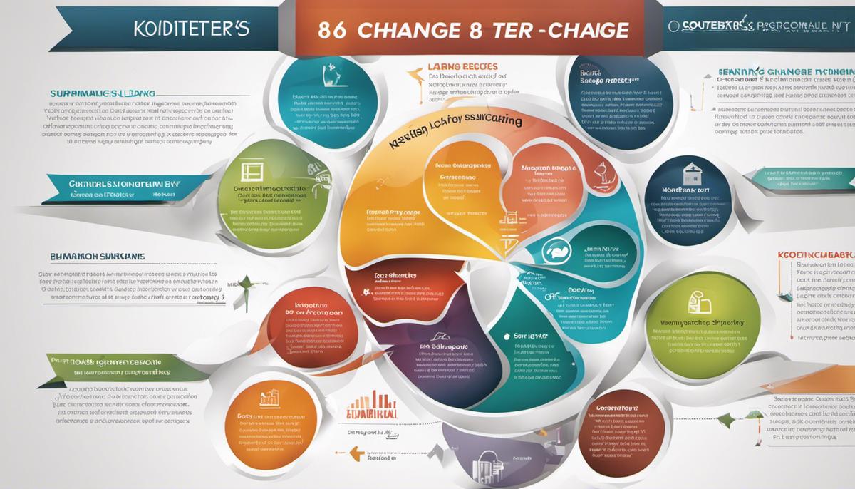 Infographic summarizing Kotter's 8-Step Process for Leading Change, visually explaining the steps and their significance for change management