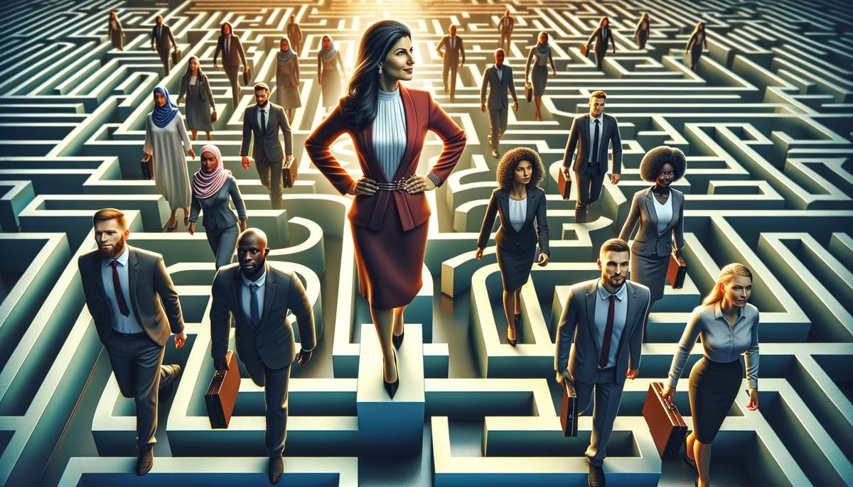 Illustration representing the concept of leadership agility, showing a leader guiding a team through a maze of challenges