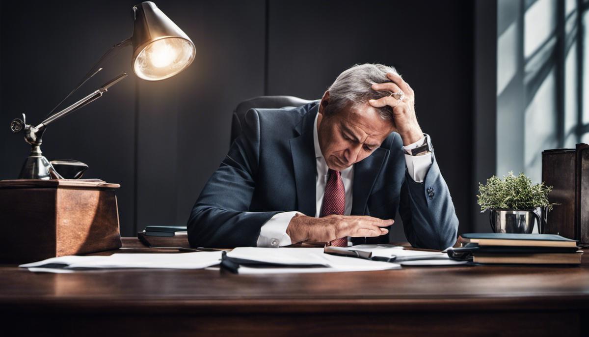 A worn-out businessman sitting at a desk with his head in his hands, depicting the burnout experienced by leaders.
