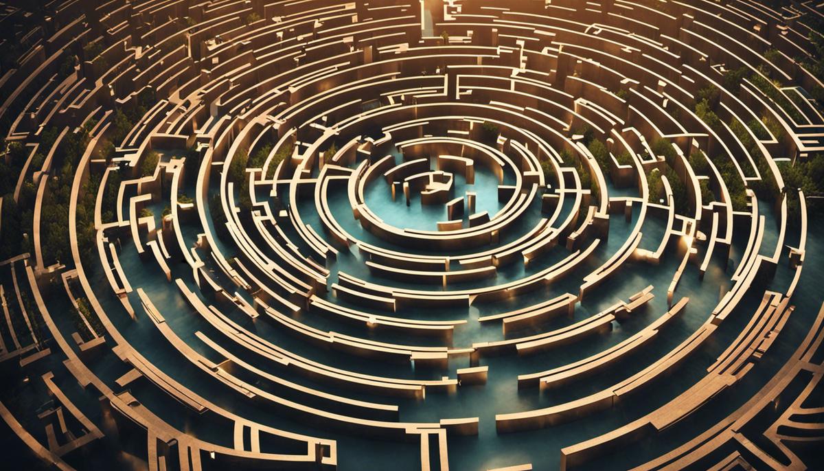 Image depicting various leadership challenges, such as globalization, technological disruption, sustainability, changing workforce dynamics, regulatory complexity, economic unpredictability, and diversity and inclusion. The image illustrates a labyrinth with various arrows pointing towards different challenges.