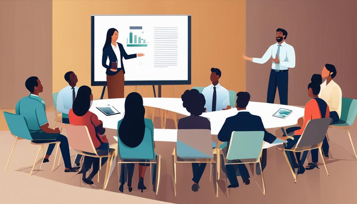 Image of a person giving a presentation to a diverse group, demonstrating leadership communication skills