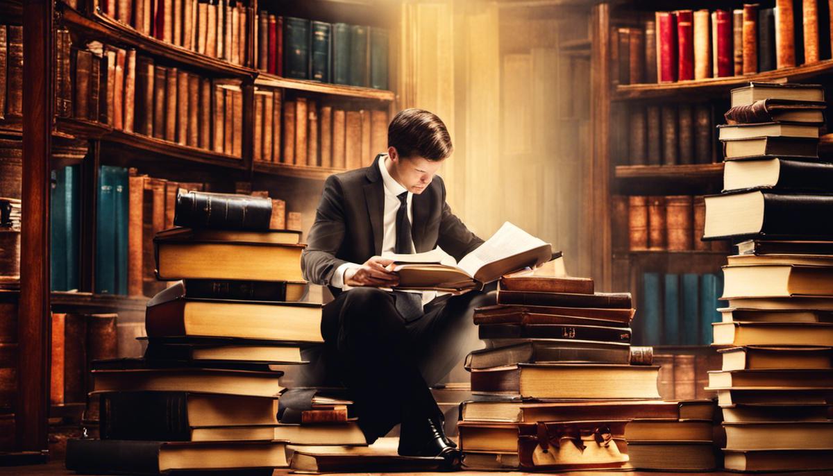 An image depicting a person reading a stack of books related to leadership development