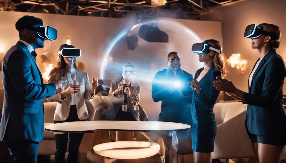 Image depicting the future of storytelling in leadership, showing a group of people engaging with a virtual reality storytelling experience