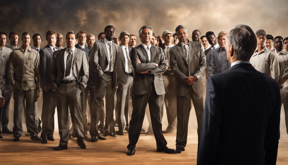 An image depicting a leader confidently standing in front of a team, symbolizing influence in leadership.