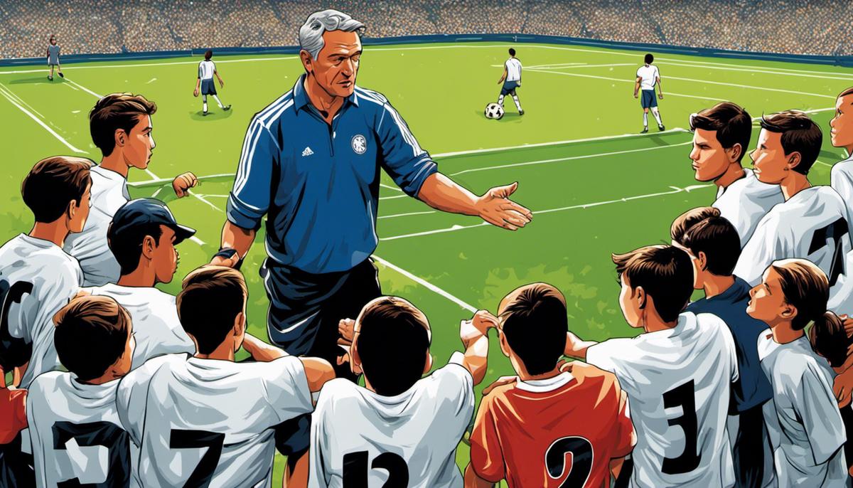 Illustration of a soccer coach giving nonverbal cues to players on the field.