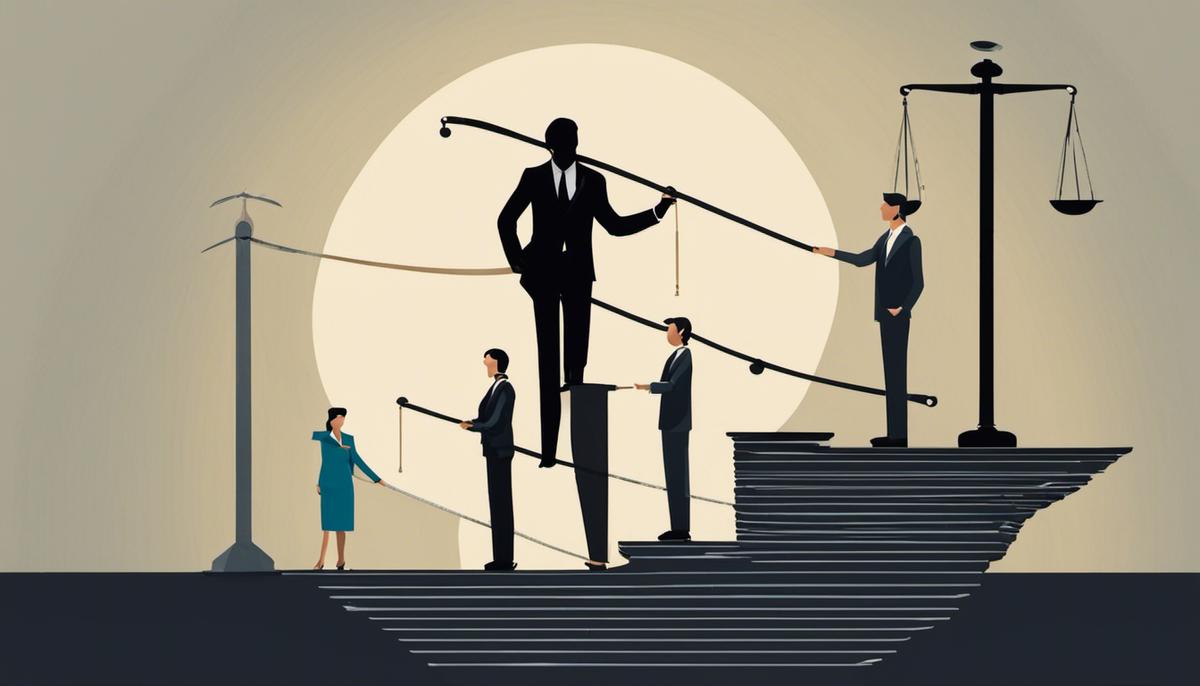 Illustration of a person balancing leadership and management on a scale