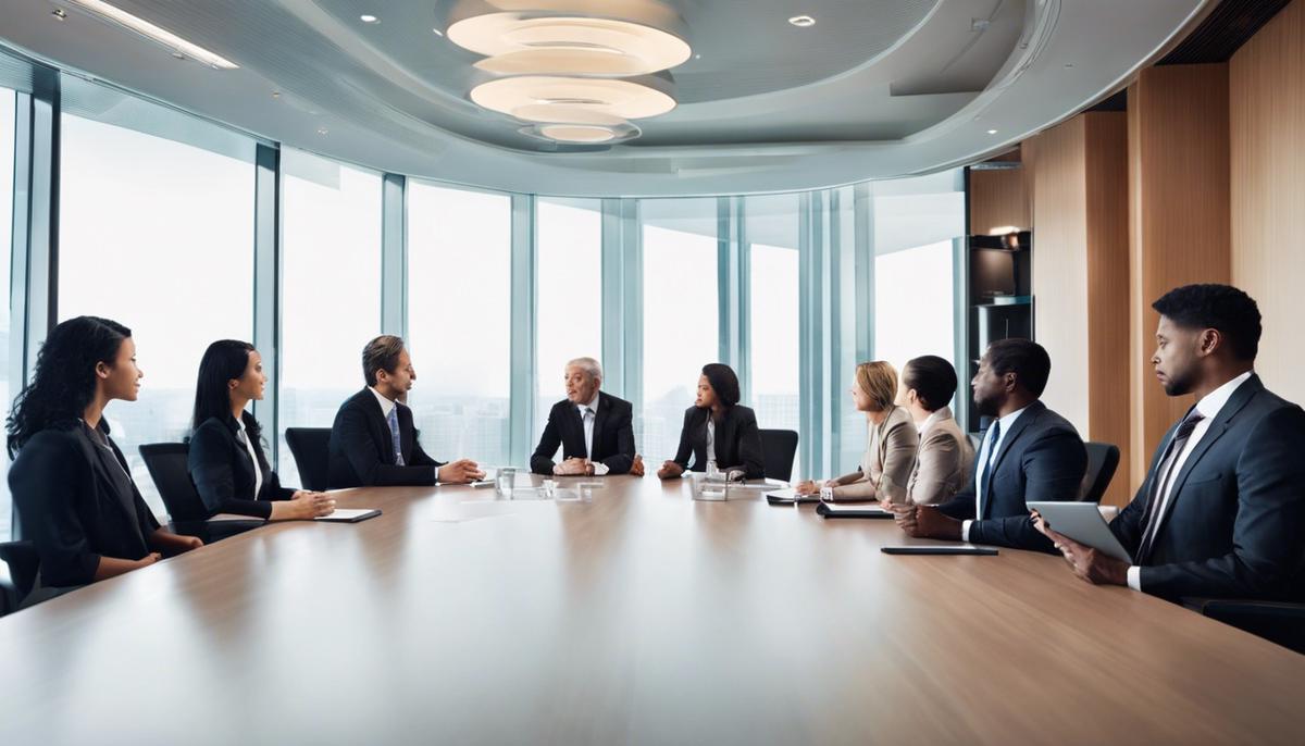 A group of diverse leaders discussing and making decisions in a meeting room.