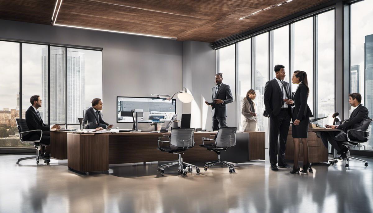 An image depicting a team of professionals discussing and working together in an office setting.