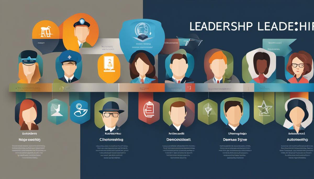 A picture showing different leadership styles represented by icons of autocratic, democratic, transformational, and situational leadership styles.