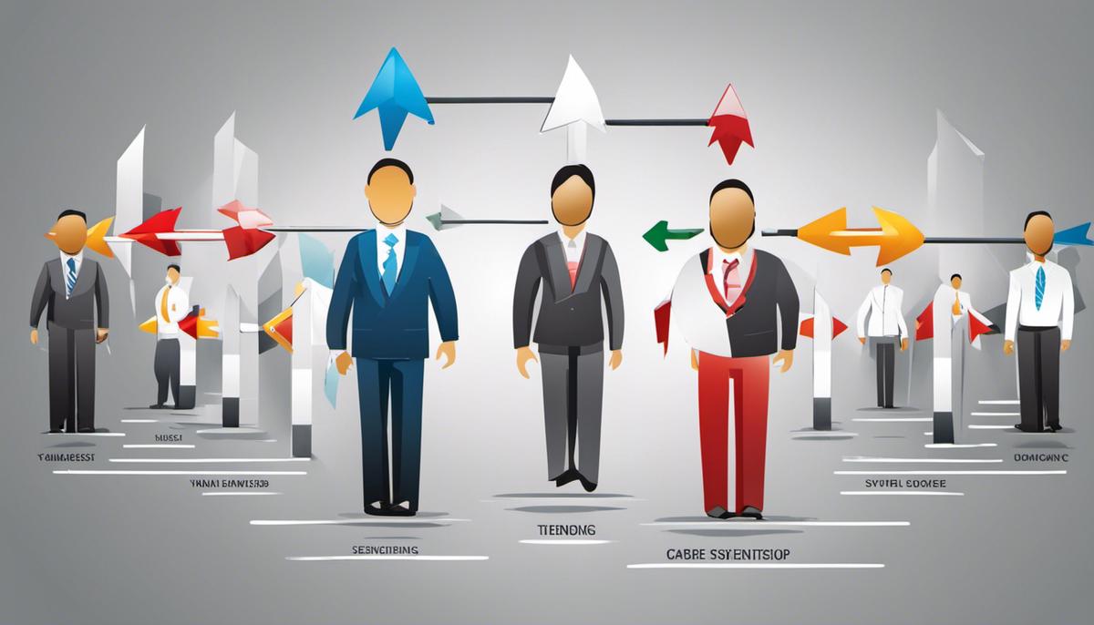 A visual representation of different leadership styles with arrows pointing to each style, depicting their strengths and weaknesses.