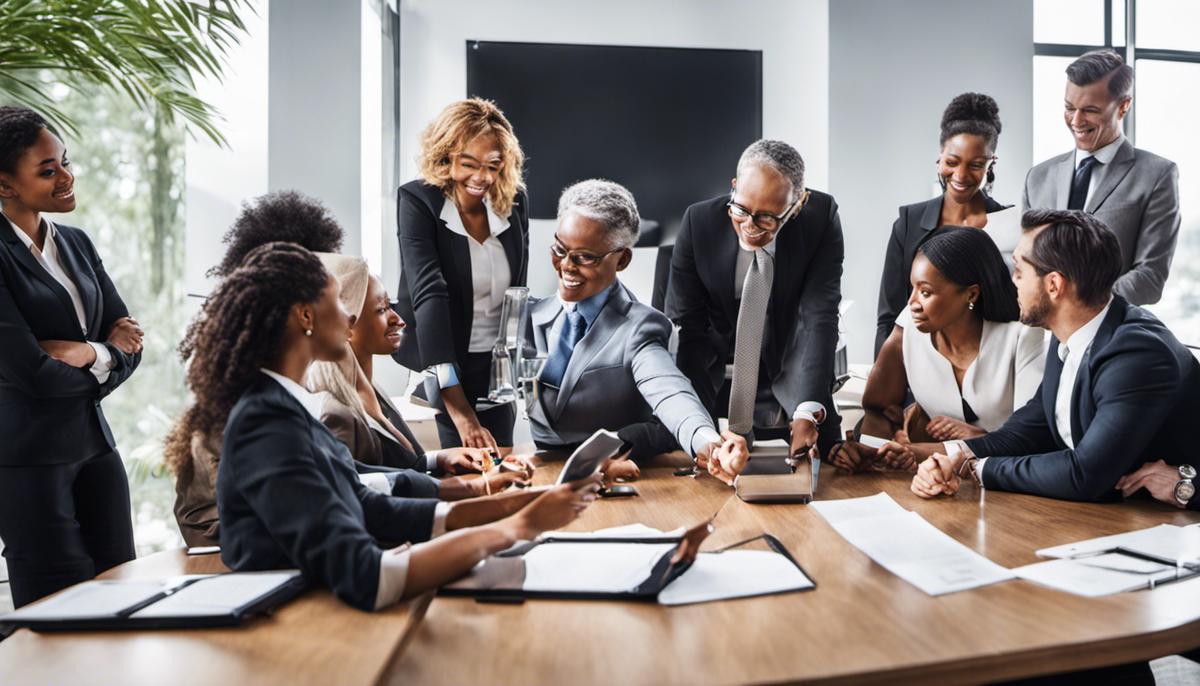 Image depicting a group of diverse professionals working together, symbolizing effective leadership strategy.