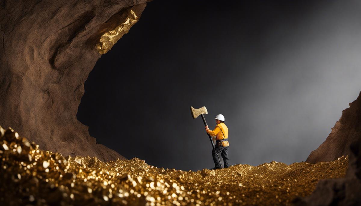 Image describing the concept of leaning into the teachings, showing a person with a mining pickaxe and a gold nugget