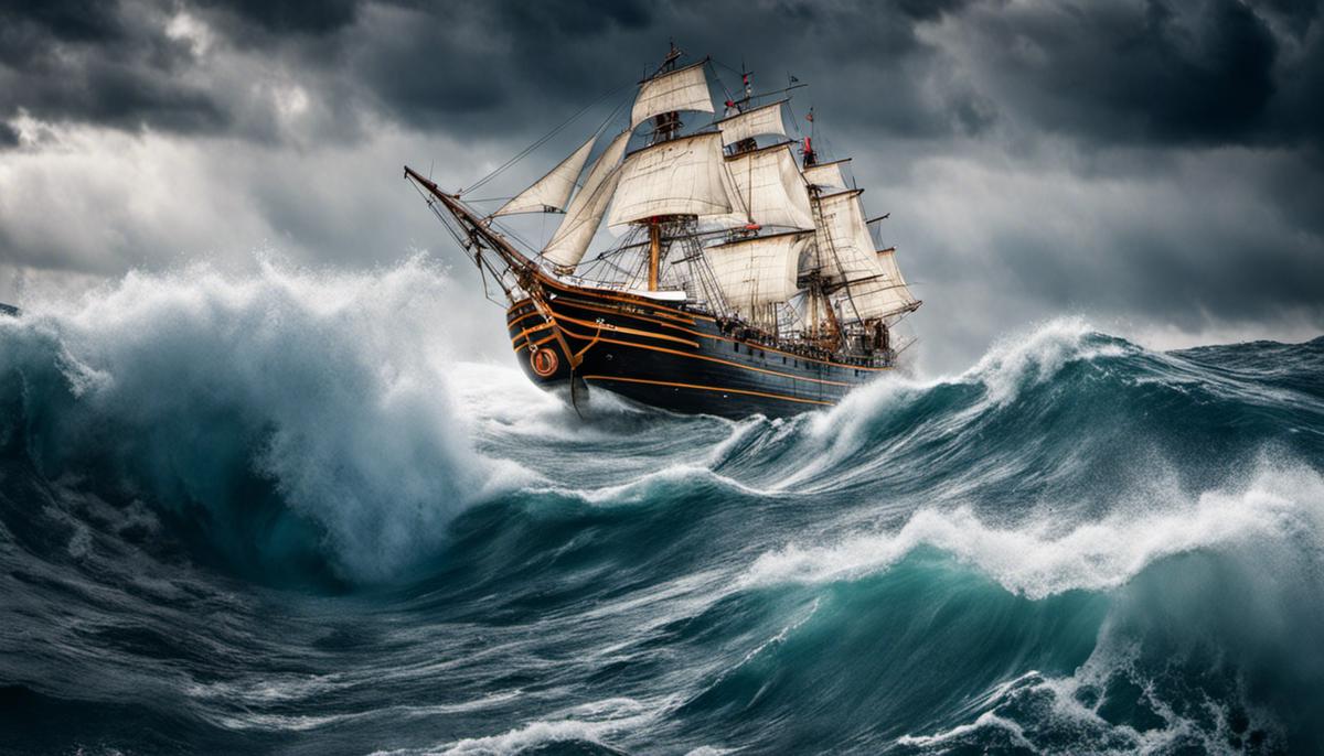 Image describing market research as a compass guiding a ship through stormy waters