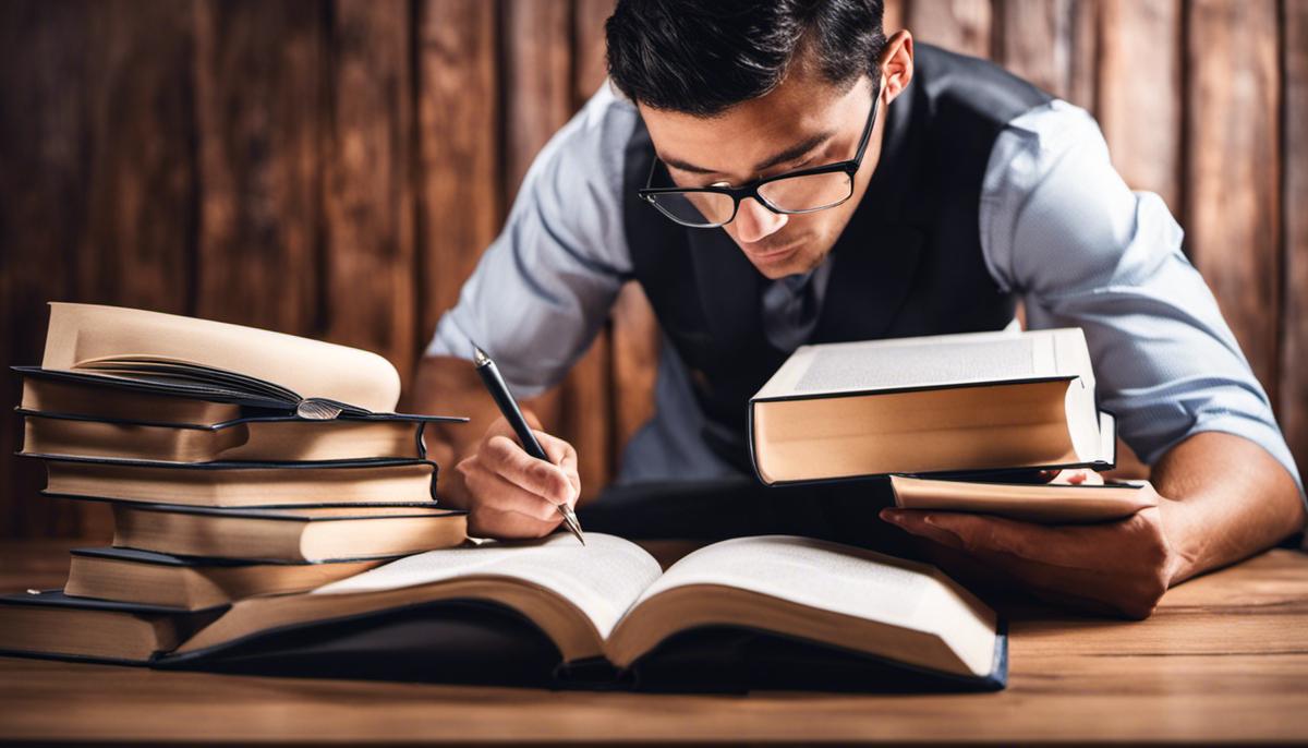 Image depicting a person studying for an MBA program, using books and taking self-quizzes to track progress