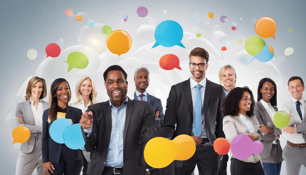 An image showing a team of diverse individuals working together with constructive feedback bubbles above their heads.