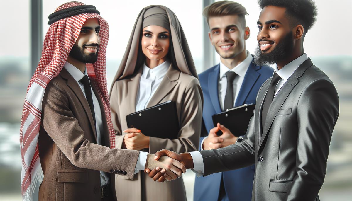 A diverse group of people shaking hands, symbolizing successful negotiation strategies