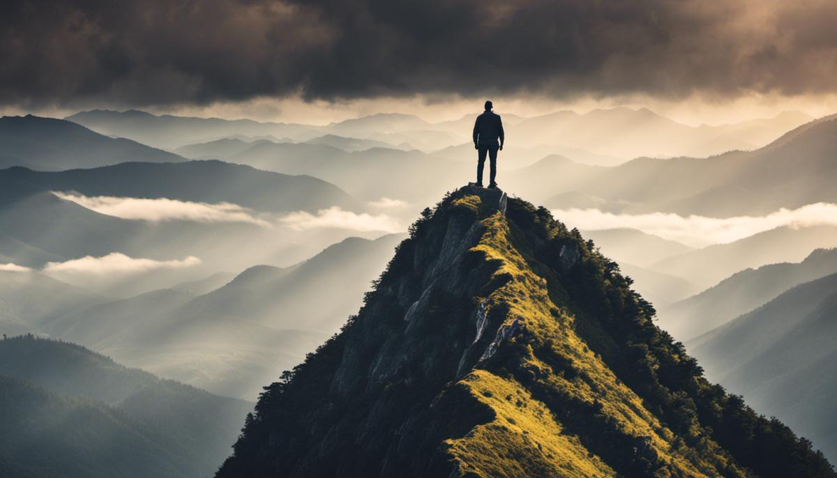 An image depicting a person standing on top of a mountain, symbolizing personal growth and development in leadership.