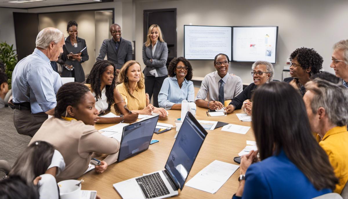 A diverse group of professionals engaged in collaborative problem-solving discussions.