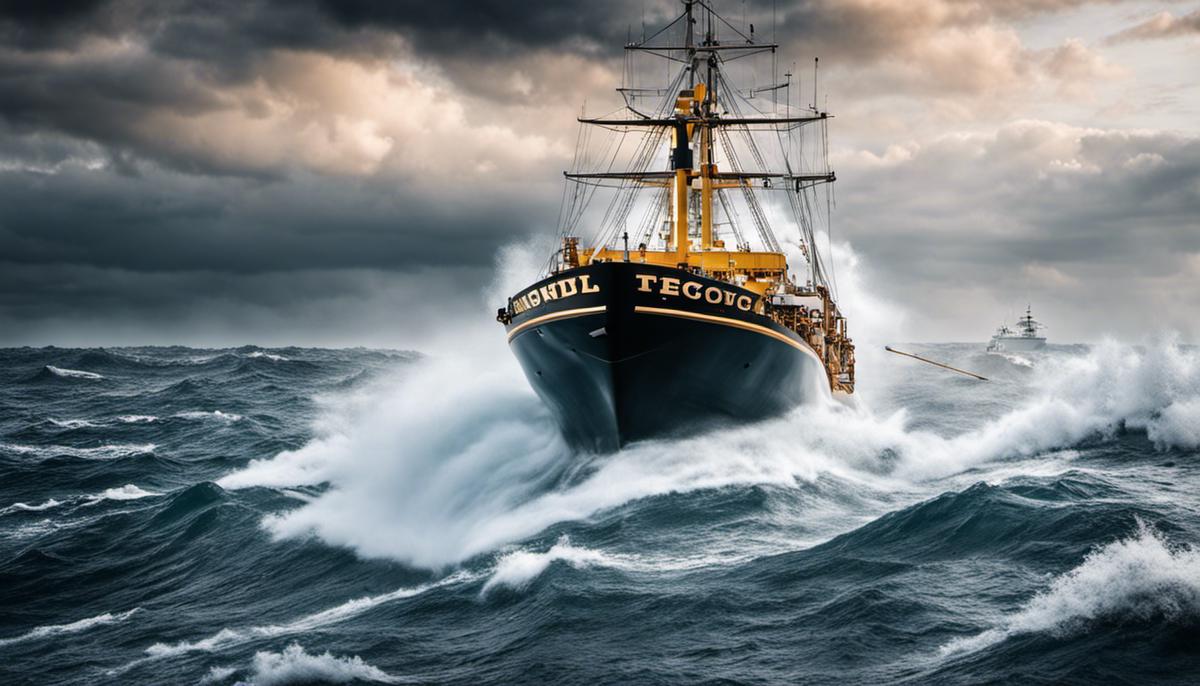 A ship sailing confidently through turbulent waters, representing the importance of technical competency and industry knowledge for successful product management.