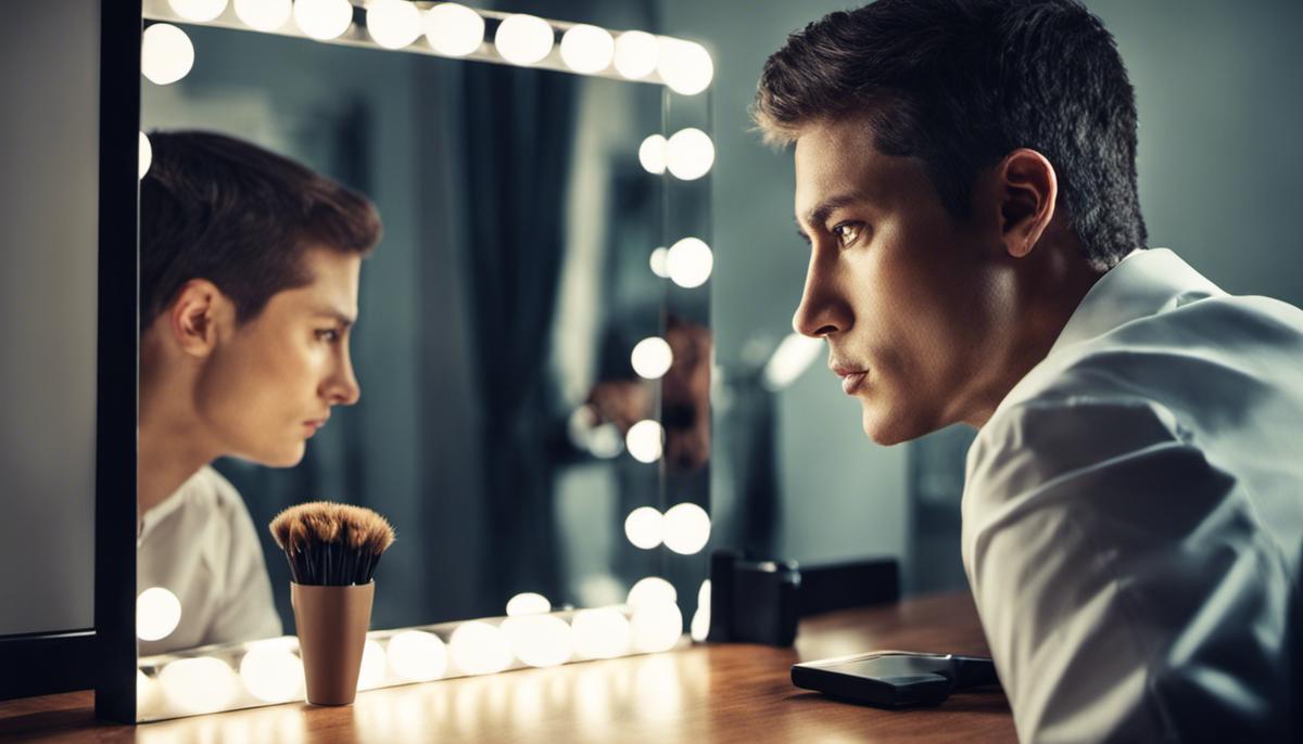 An image illustrating the concept of self-awareness in leadership, showing a person looking in a mirror and reflecting on their own actions and behaviors.